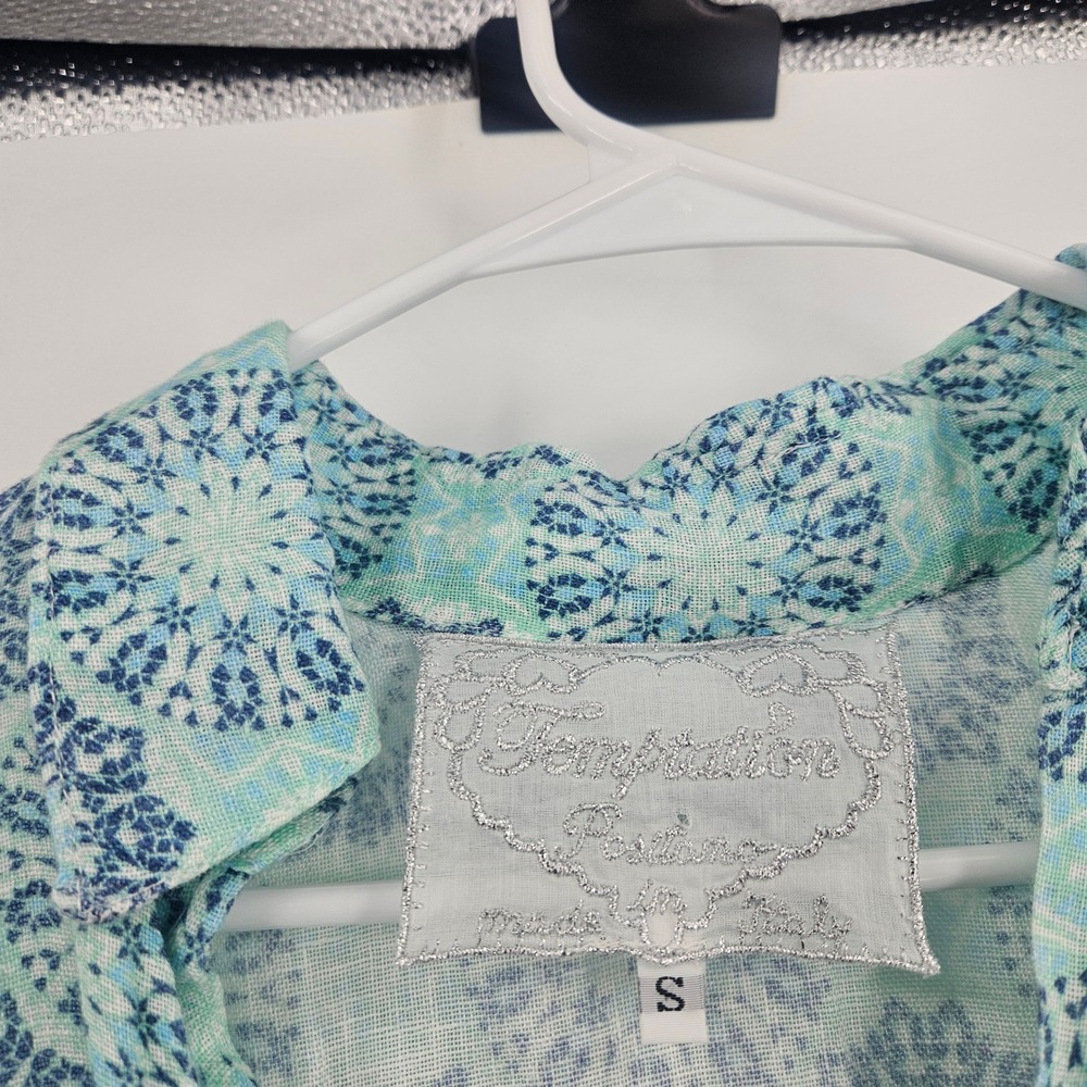 Temptation Positano Puebla Linen Dress Green Blue Medallion Lace Trim Mini Sz S - Picture 6 of 13